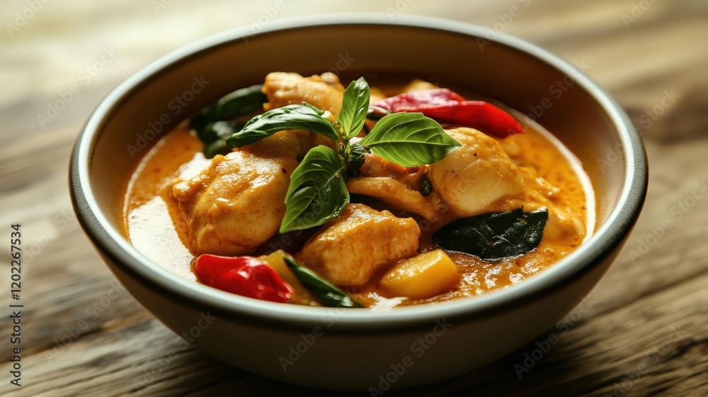 Aromatic Indian curry, brimming with chicken and vegetables, sits invitingly on a wooden table. Aromatic Indian curry, brimming with chicken and vegetables, sits invitingly on a wooden table.