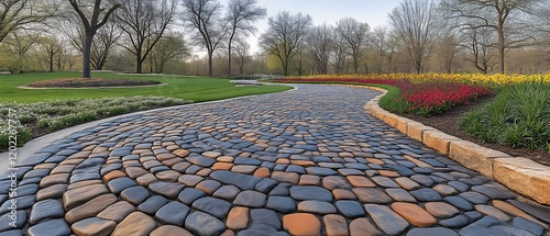 Cobblestone path, spring park, tulips, design photo