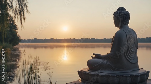 Gautama Buddha meditating by a calm lake at sunrise, symbolizing spiritual awakening and inner peace