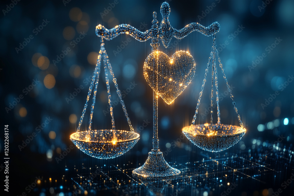 Abstract representation of AI ethics: a scale with a glowing data sphere and a heart. Bright lighting, contrast