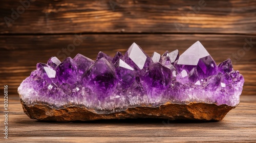 A stunning display of purple amethyst crystals on a rustic wooden background, showcasing the natural beauty and elegance of this exquisite mineral formation. photo