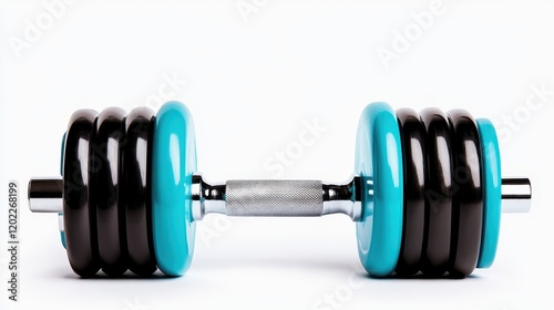 A striking dumbbell with alternating turquoise and black plates centered on a clear white background, emphasizing the fusion of modern fitness design and vibrant colors. photo