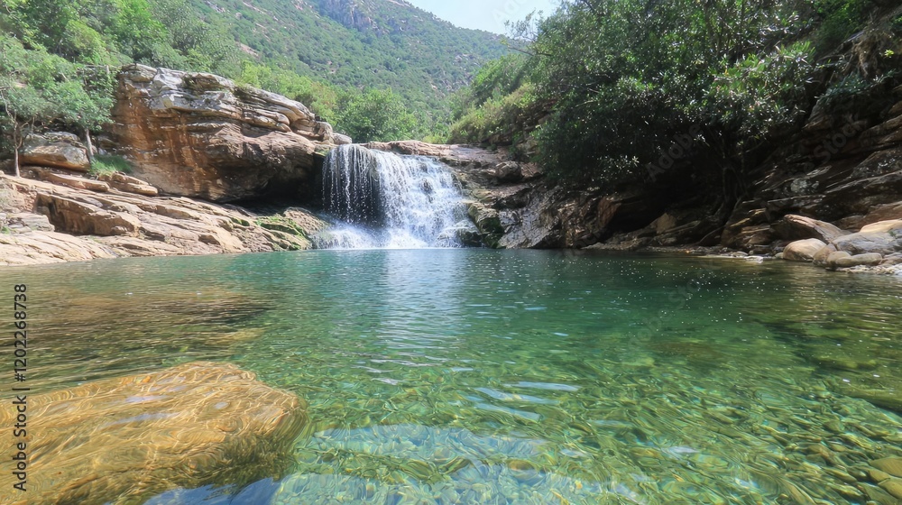 Naklejka premium Waterfall cascading into clear pool, mountain backdrop, tranquil scene, nature travel