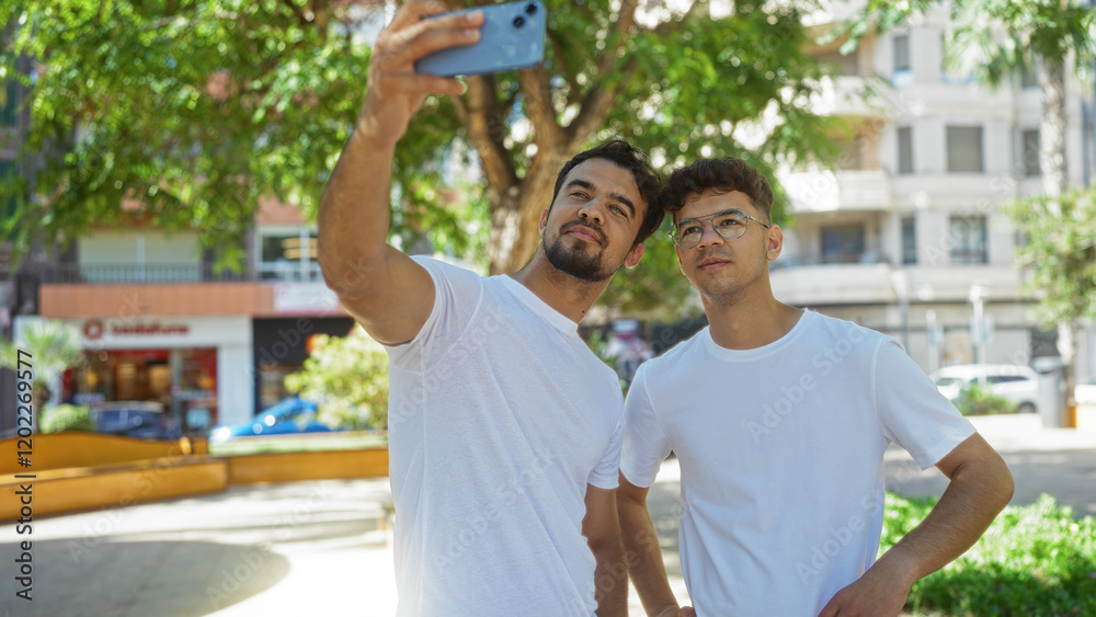 Obraz premium Men taking a selfie together outdoors in a city park, showcasing family love and connection in an urban setting.