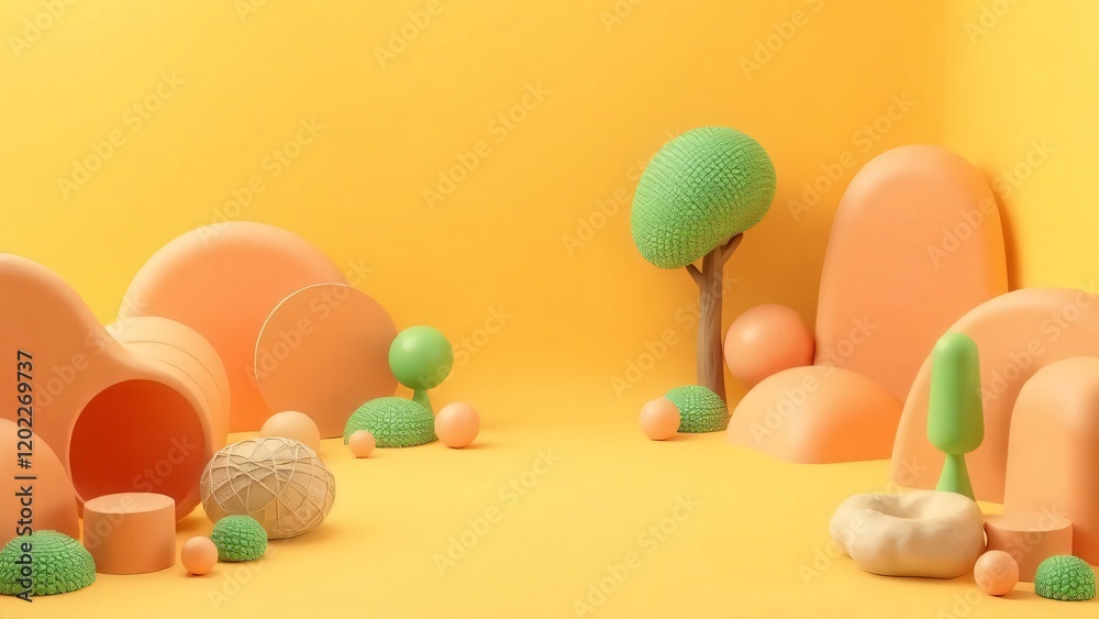 Abstract 3D Render of Pastel Orange and Green Shapes, Minimalist Scene with Playful Elements Abstract 3D Render of Pastel Orange and Green Shapes, Minimalist Scene with Playful Elements