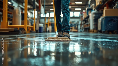 Worker methodically sweeps the floor with a sturdy broom, clearing away dust and debris as part of the cleaning process. photo