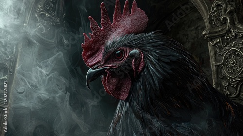 A detailed, darkly-themed rooster portrait.