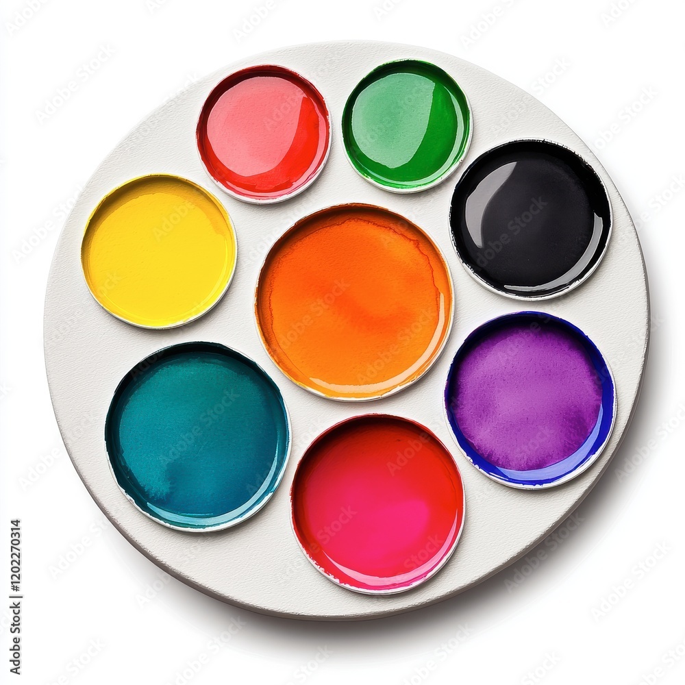 Colorful Paint Palette with Circular Wells and Vibrant Paints Colorful Paint Palette with Circular Wells and Vibrant Paints