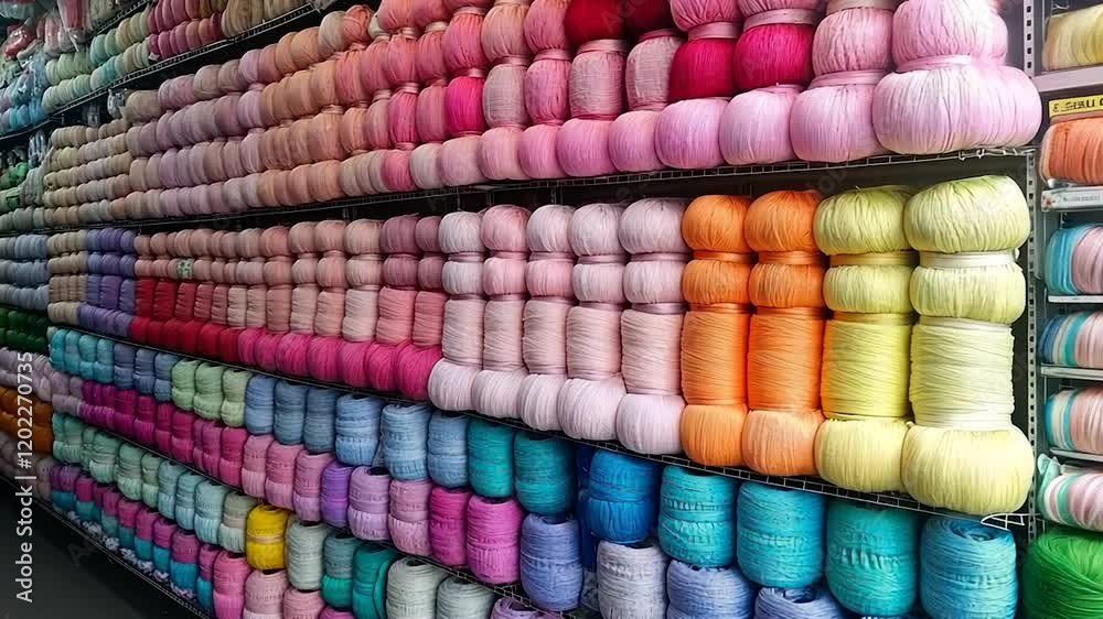 Rows of vibrant yarn balls in various shades and textures, filling a craft store with a rainbow of possibilities. Rows of vibrant yarn balls in various shades and textures, filling a craft store with a rainbow of possibilities.