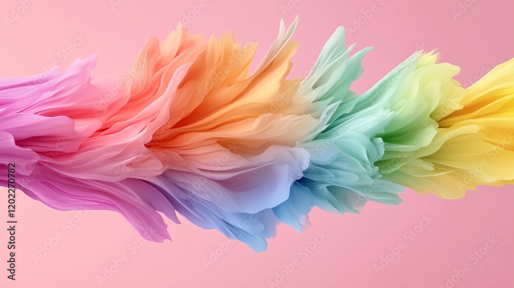 Colorful abstract fabric waves in rainbow hues on pink background, perfect for modern art or creative designs. Colorful abstract fabric waves in rainbow hues on pink background, perfect for modern art or creative designs.