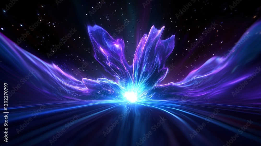 Naklejka premium Cosmic explosion of light in vibrant blue and purple hues with a starry backdrop, ideal for sci-fi art or digital decor.