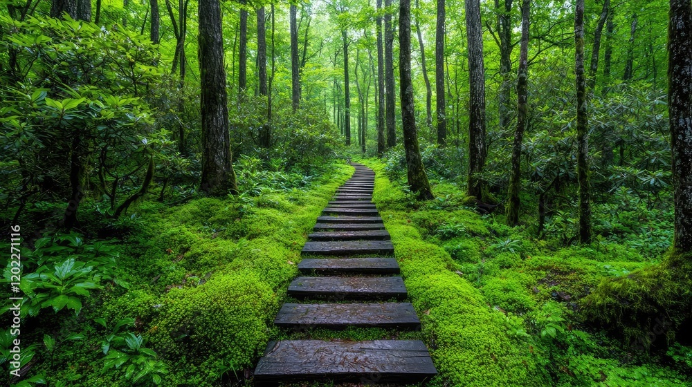 Forest path, mossy stairs, lush greenery, tranquil scene, nature background, ideal for travel brochure Forest path, mossy stairs, lush greenery, tranquil scene, nature background, ideal for travel brochure