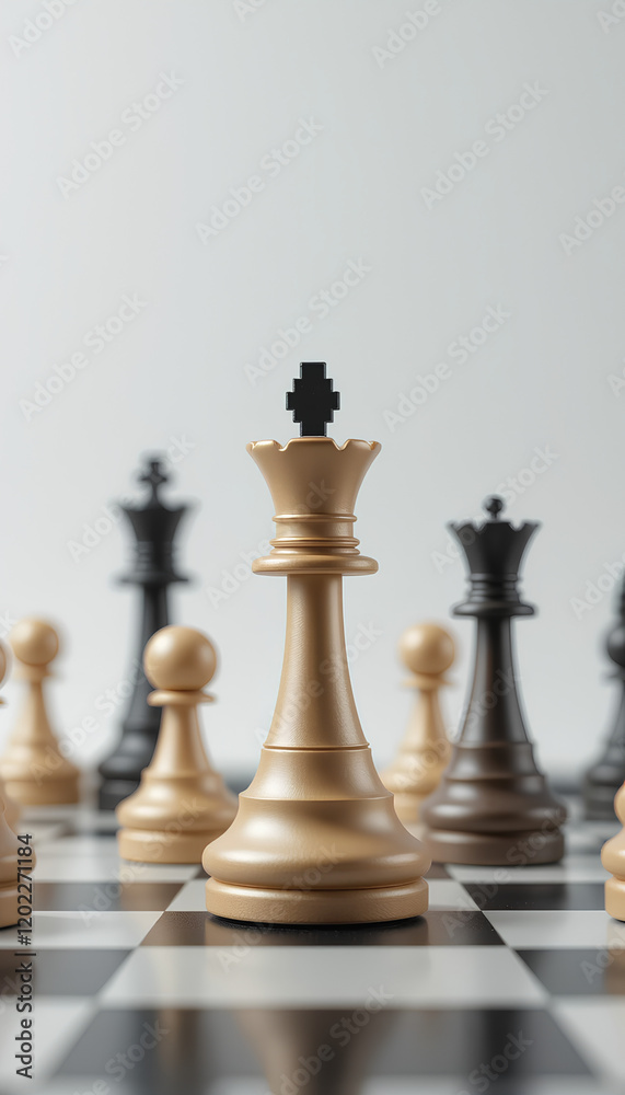 Chess Queen Strategy: A close-up shot of a light-colored chess queen standing prominently in the foreground, flanked by black chess pieces, setting a strategic scene on the chessboard. Chess Queen Strategy: A close-up shot of a light-colored chess queen standing prominently in the foreground, flanked by black chess pieces, setting a strategic scene on the chessboard.