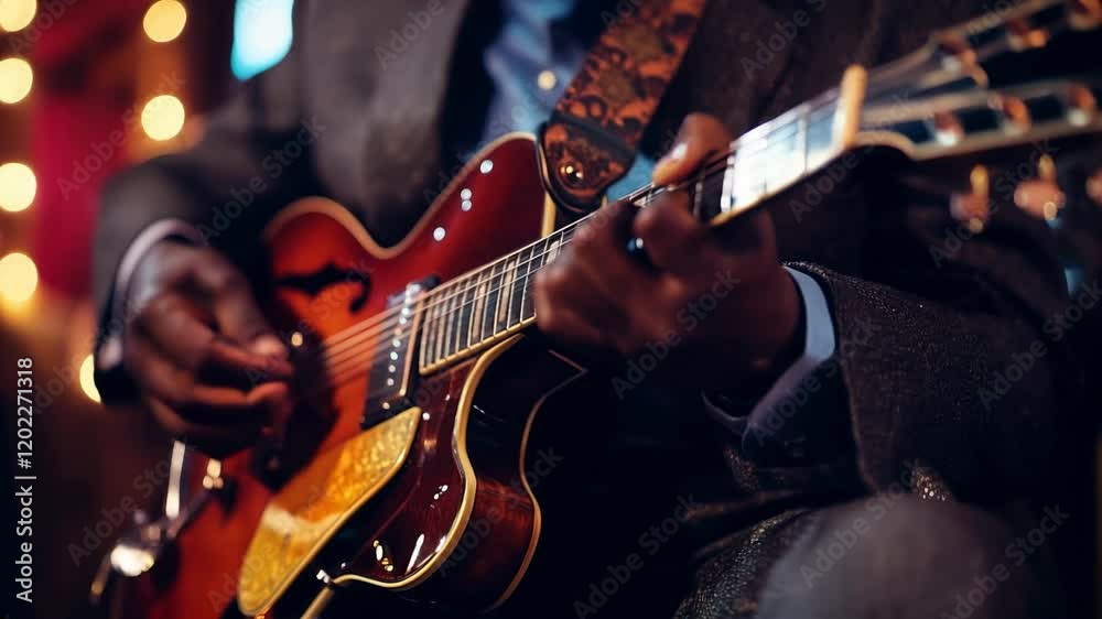 A man is playing a guitar. The guitar is brown and has a strap