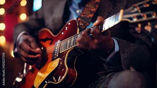 A man is playing a guitar. The guitar is brown and has a strap