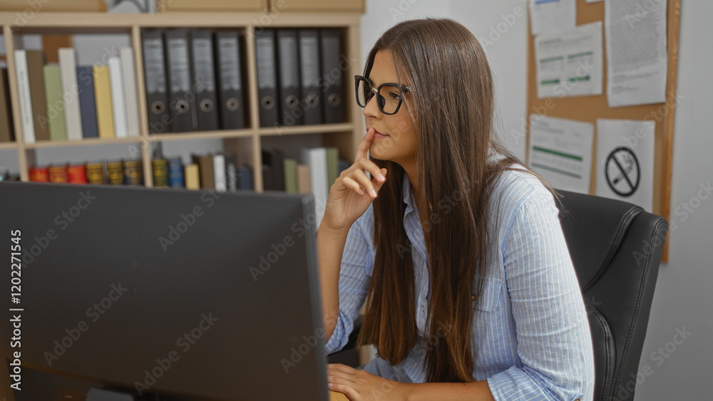 © Krakenimages.com - Young woman with glasses working in an office indoors, focused on her computer with shelves of books and folders in the background