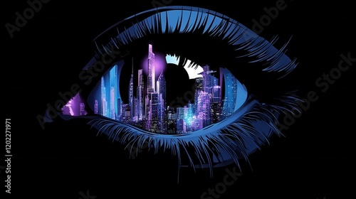 A creative eye illustration depicting a vibrant urban skyline within the iris.