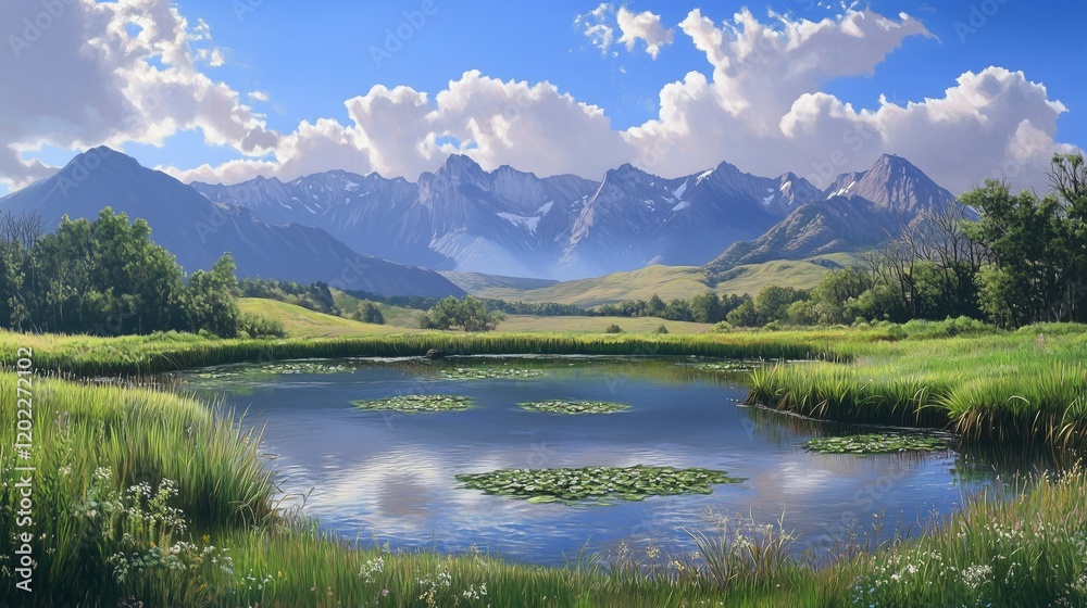 A serene pond reflects the towering peaks in the distance, surrounded by lush green meadows that roll gently through the majestic mountain landscape. A serene pond reflects the towering peaks in the distance, surrounded by lush green meadows that roll gently through the majestic mountain landscape.