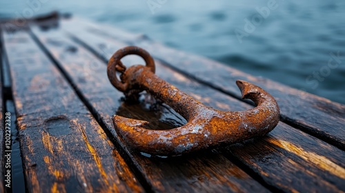 A timeworn anchor lies on a wet dock, juxtaposed against a broad stretch of water, embodying resilience, timelessness, and the calming nature of marine environments. photo