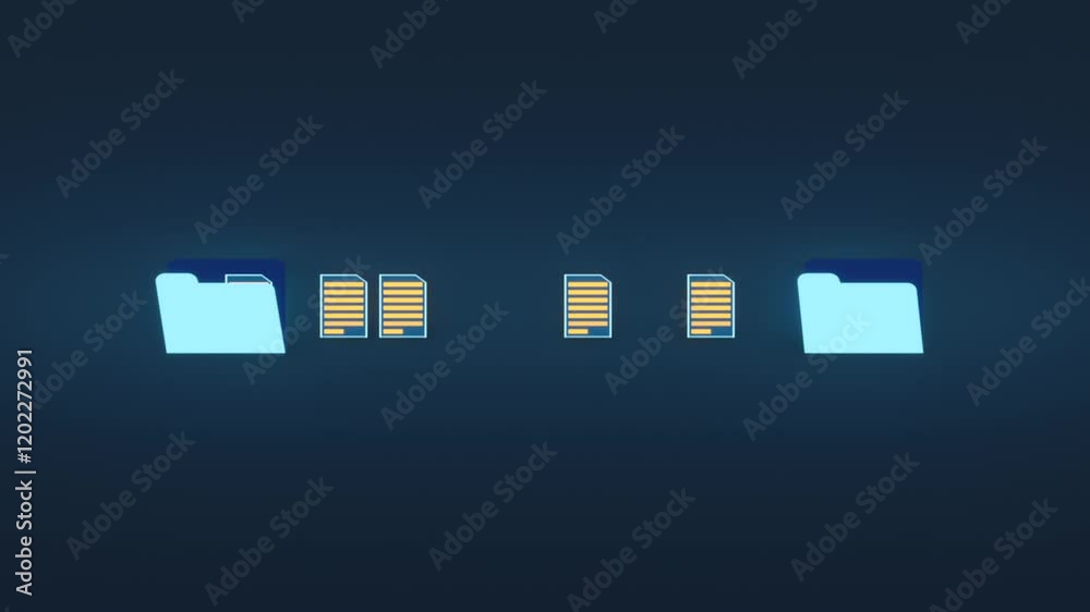 Digital automatic file transfer from one folder to another folder.  Big data, business, technology, device screen, document, digital asset management, computer network.