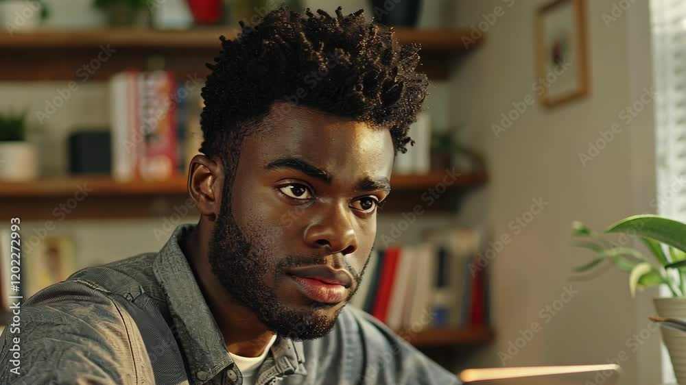A man with a beard and dark hair is sitting at a desk with a laptop. He is looking at the screen with a serious expression A man with a beard and dark hair is sitting at a desk with a laptop. He is looking at the screen with a serious expression