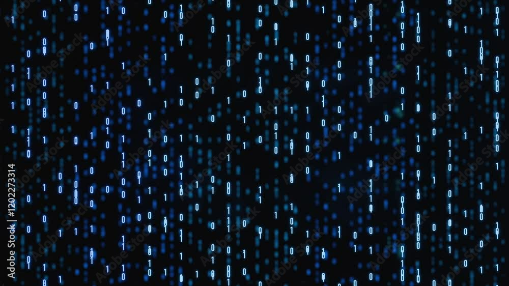 Floating binary code, big data, bit and byte, abstract digital data. Computer language, technology, algorithm, dual, digital assets, system, in order, transfer, processing. 3D animation