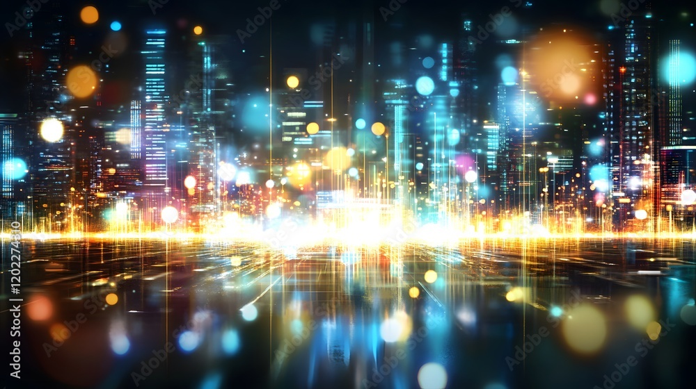 Fototapeta premium Vibrant Light Trails and Bokeh Effects Over Modern Cityscape at Night with Skyscrapers and Reflections