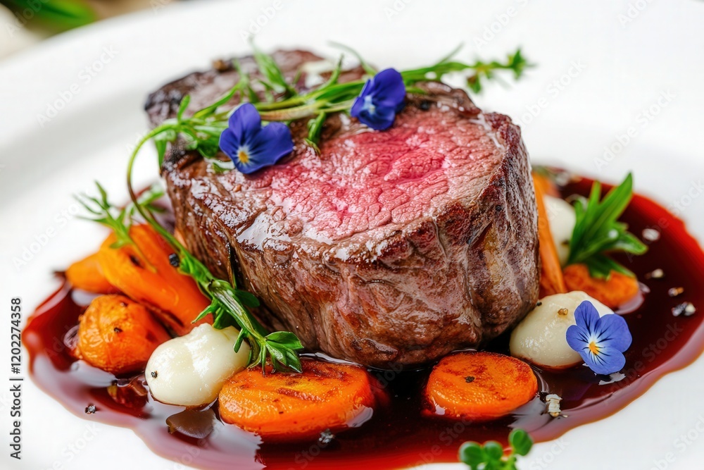 Modern fine dining composition featuring perfectly cooked beef tenderloin with artistic plating on cream background Modern fine dining composition featuring perfectly cooked beef tenderloin with artistic plating on cream background