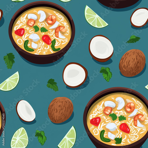 Coconut Curry flat illustration icons, Coconut Curry seamless pattern photo