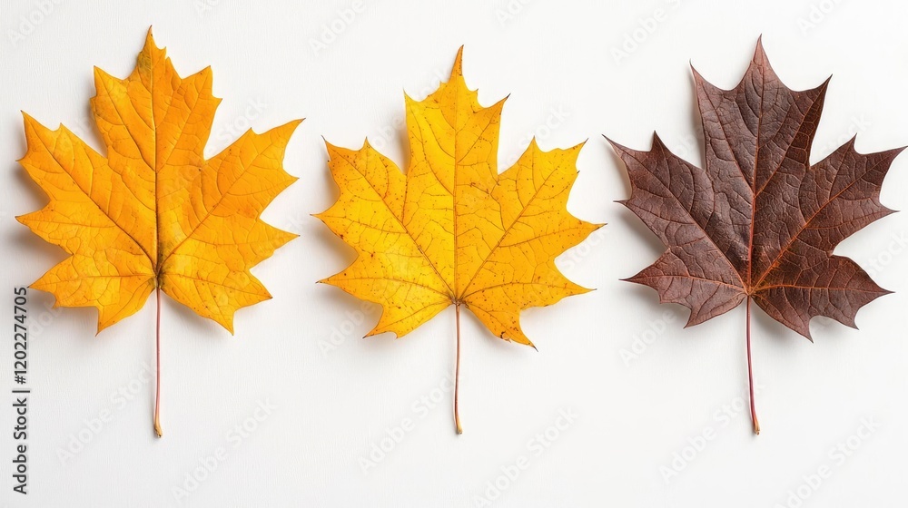 Autumn maple leaves changing colors on white background; seasonal change illustration Autumn maple leaves changing colors on white background; seasonal change illustration
