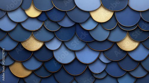 Close Up of a Scalloped Texture in Shades of Blue with Gold, Wrapping Paper, Graphic Resource, Background, Interior Design, Architecture, Wrapping Paper, Greeting Cards
