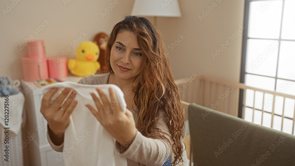 Woman in bedroom with long hair looking at baby clothes near cradle surrounded by soft toys and pastel decor, radiating warmth and calm. Woman in bedroom with long hair looking at baby clothes near cradle surrounded by soft toys and pastel decor, radiating warmth and calm.
