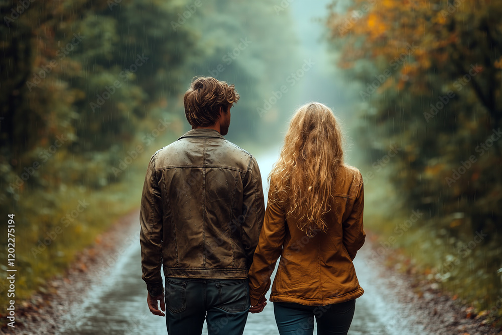 Couple Holding Hands Walking on Rainy Forest Path Couple Holding Hands Walking on Rainy Forest Path