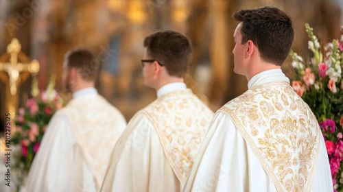 Seminarians in church, processional, religious ceremony, ornate altar, faith