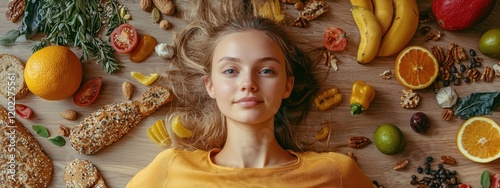 Beauty portrait of a woman surrounded by various healthy food lying on the floor. Healthy eating and sports lifestyle concept