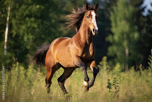 Horsepower in Motion: Bay Horse Galloping on Grass in Nature - Equestrian and Equine Mammal Photography