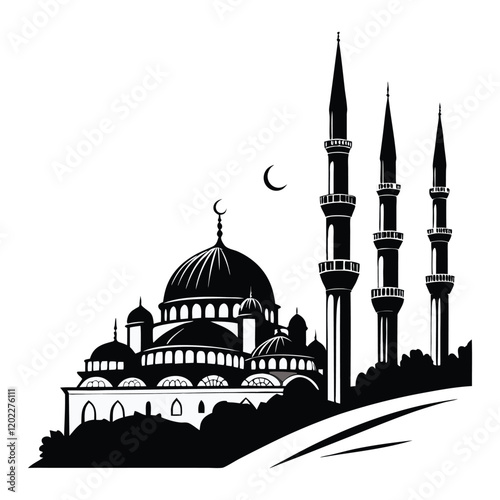 Elegant silhouette of a majestic mosque with crescent moon, showcasing its architectural grandeur against a clean backdrop.  