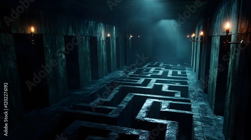 Mysterious Underground Maze with Dim Lighting and Flickering Torches Creating an Eerie Atmosphere