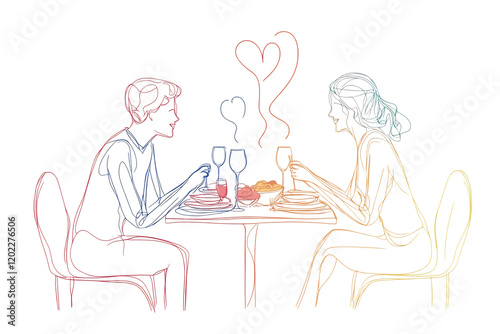 Continuous one-line drawing of a couple enjoying a date and dinner, symbolizing love and dining together