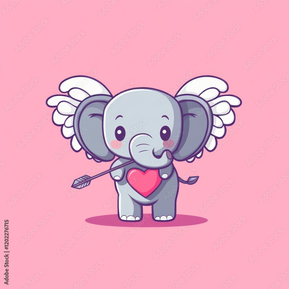 Fototapeta premium Cute winged elephant Cupid holding heart; Valentine's Day card