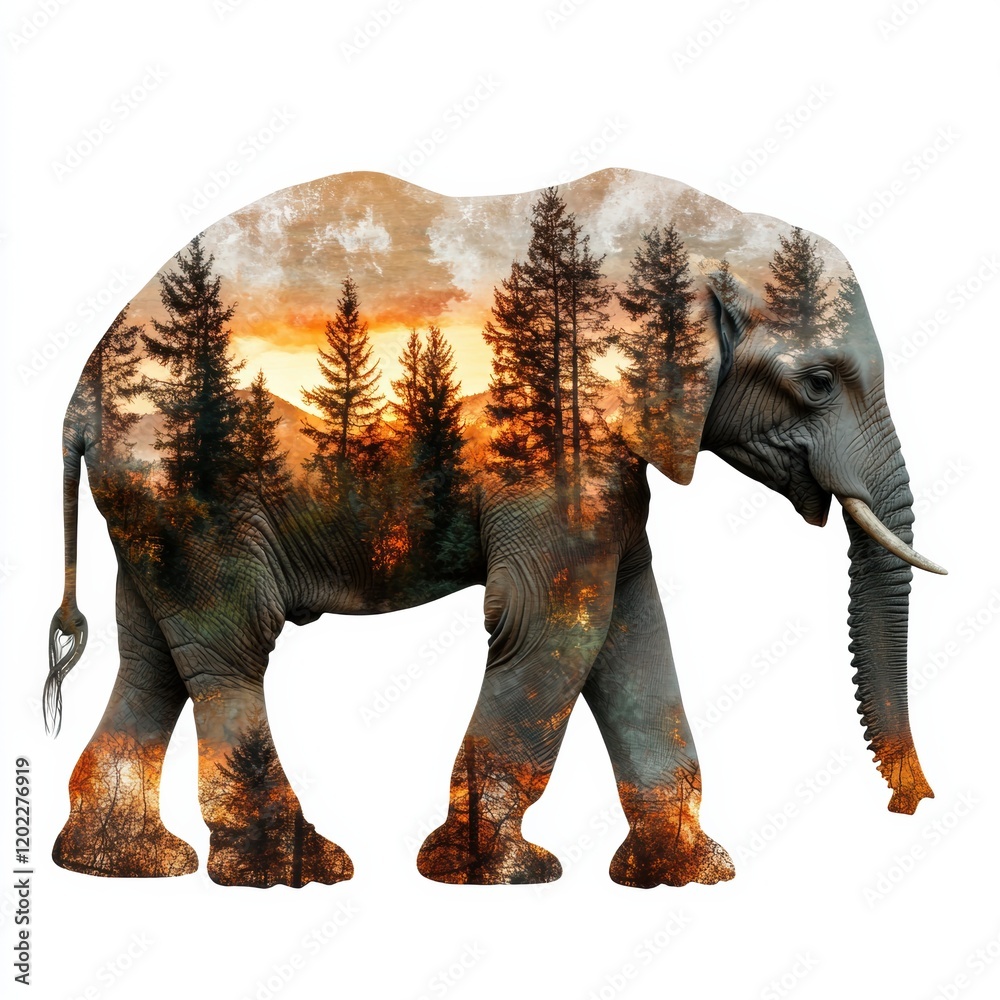 Fototapeta premium Preserving natural beauty through the lens of an elephant's silhouette filled with forest landscapes. Generative AI