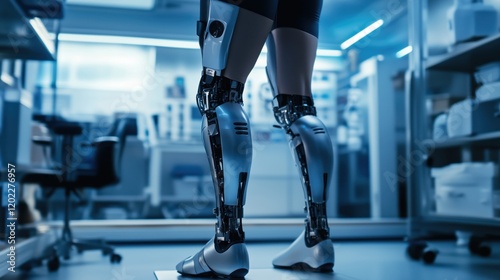 The advanced robotic leg brace, showcased in a state-of-the-art lab, highlights innovation in augmenting human mobility and strength through technology.