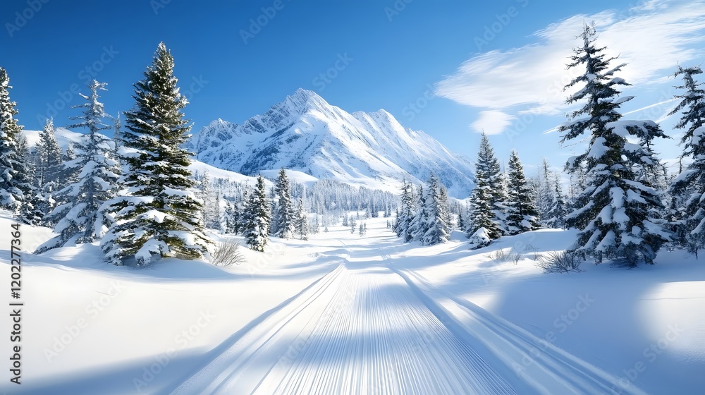 Serene Winter Landscape with Snow-Covered Trees and Majestic Mountains Under Clear Blue Sky Serene Winter Landscape with Snow-Covered Trees and Majestic Mountains Under Clear Blue Sky