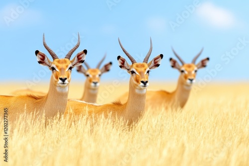 Wildlife photographer captures herd of antelope grazing on golden grass under a pale blue sky in peaceful natural environment