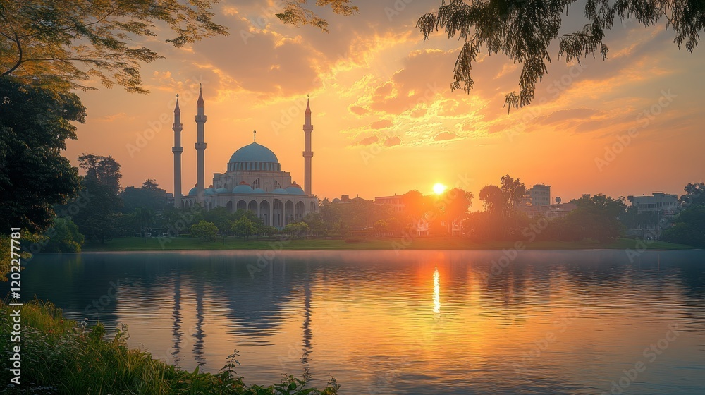 Fototapeta premium Sunrise Mosque Lake Reflection Peaceful Dawn Cityscape