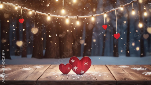 Snowflakes falling on a wooden table, with red hearts and sparkling light bokeh, creating a warm, cozy, and romantic winter atmosphere for the holidays. photo