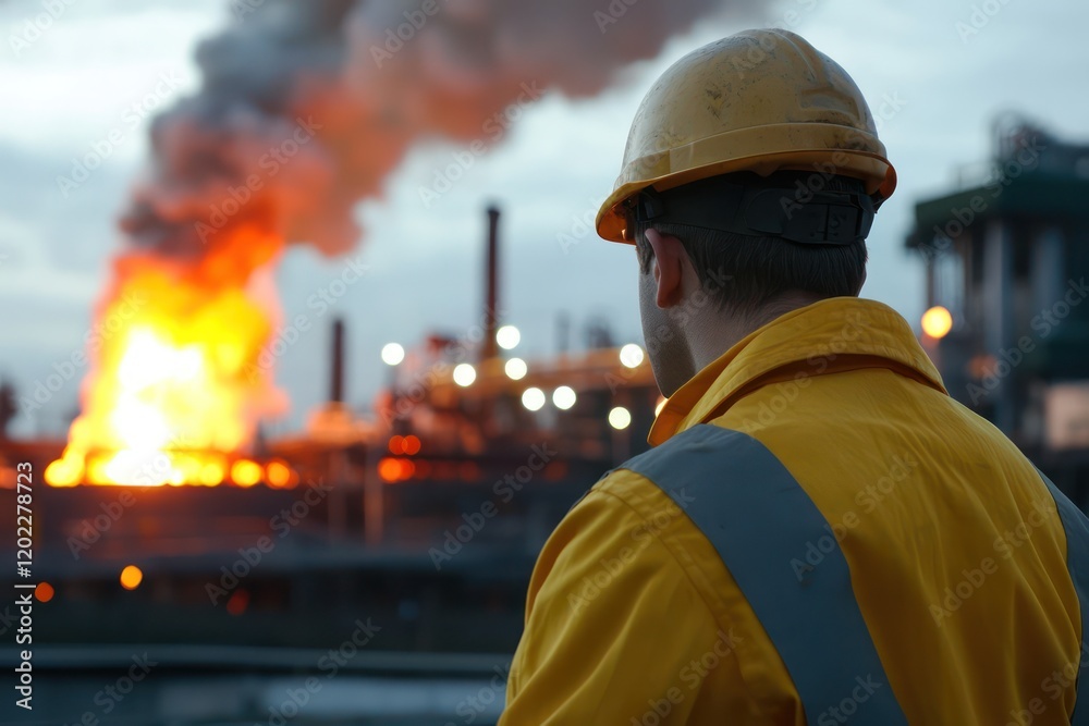 Worker looking at a burning factory furnace from a distance Worker looking at a burning factory furnace from a distance