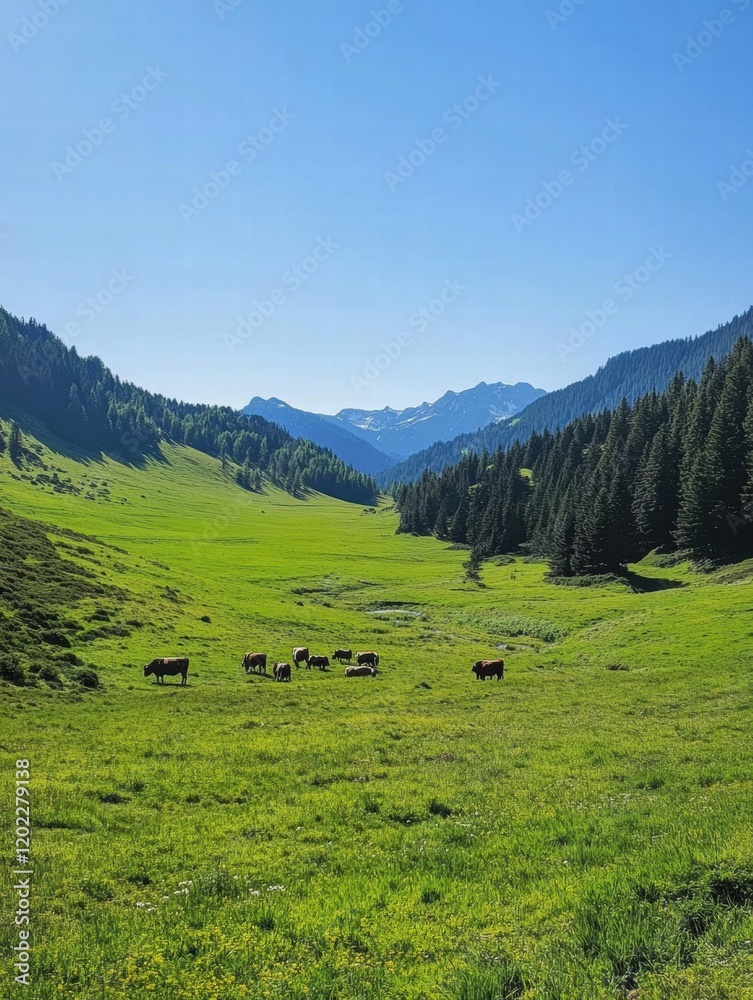 Cows peacefully grazing on a lush green meadow with mountains in the background during a sunny day. Generative AI Cows peacefully grazing on a lush green meadow with mountains in the background during a sunny day. Generative AI