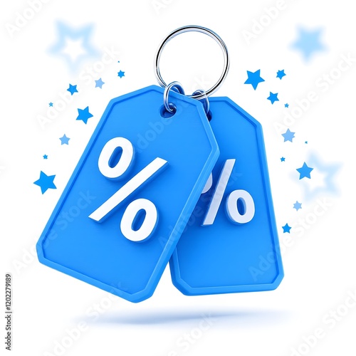 Blue Percentage Tags with Stars Highlighting Discounts and Promotions