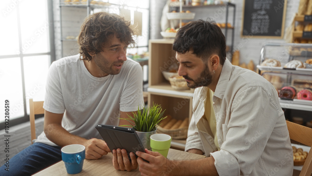 Men engaging in conversation over a tablet in a cozy bakery, surrounded by various pastries and beverages, highlighting their close relationship and the warm, inviting cafe atmosphere. Men engaging in conversation over a tablet in a cozy bakery, surrounded by various pastries and beverages, highlighting their close relationship and the warm, inviting cafe atmosphere.